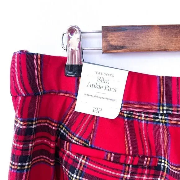 NWT Talbots Red Mountain Plaid Black Velvet Stripe Slim Ankle Pant Size 12P